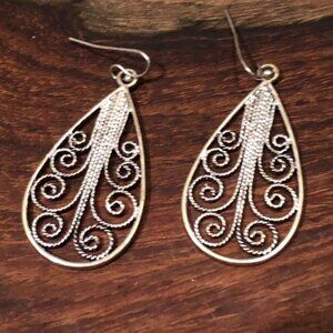 Filigree Teardrop Dangle Earrings Silver Tone